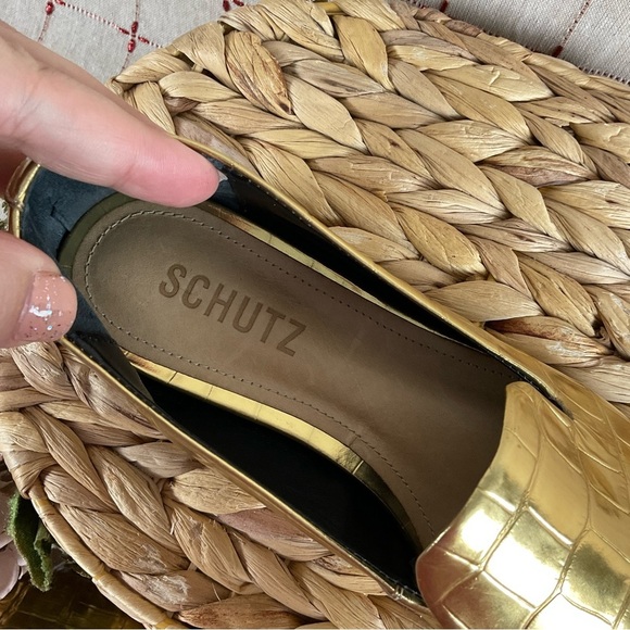 SCHUTZ “Flor” Metallic Gold Leather Crocodile Embossed Loafer Flats Size 6 New - Picture 8 of 8